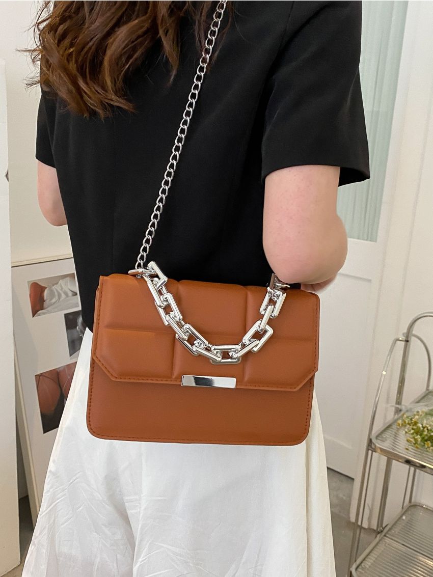 Embossed Detail Chain Flap Square Bag