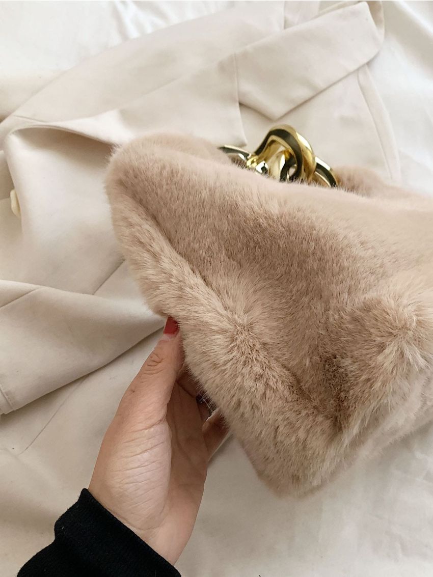 Minimalist Chain Decor Fuzzy Hobo Bag