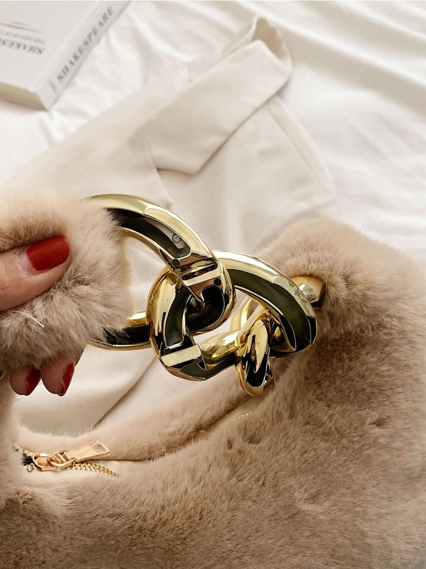 Minimalist Chain Decor Fuzzy Hobo Bag