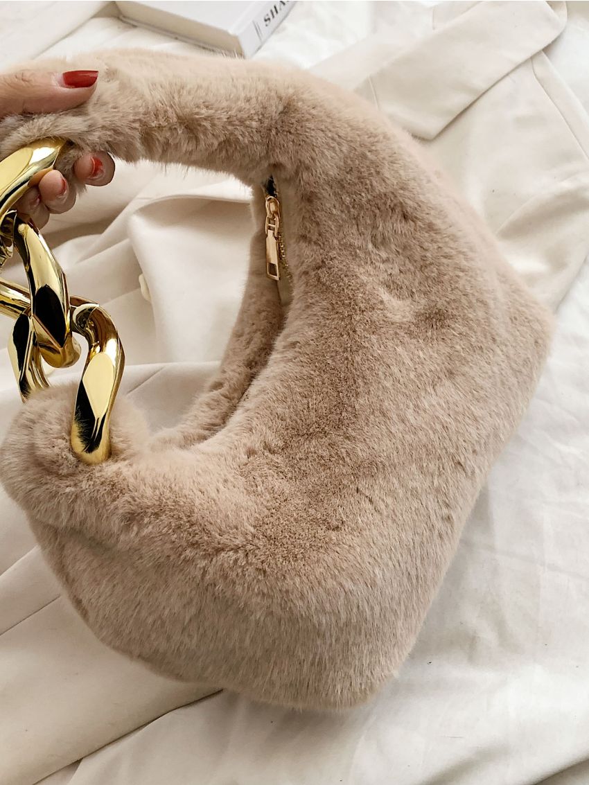 Minimalist Chain Decor Fuzzy Hobo Bag