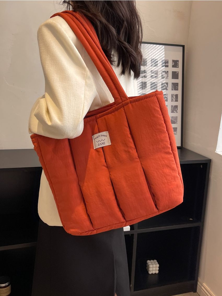 Large Capacity Shoulder Tote Bag Quilted Pattern Orange