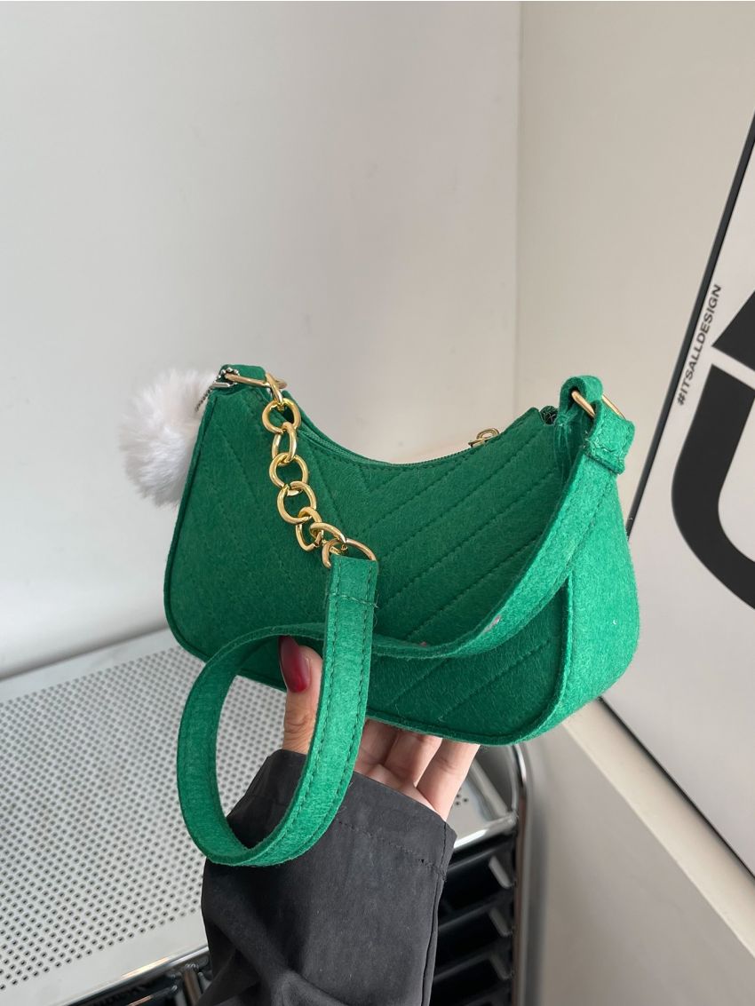 Chevron Detail Chain Decor Hobo Bag With Pompom Bag Charm
