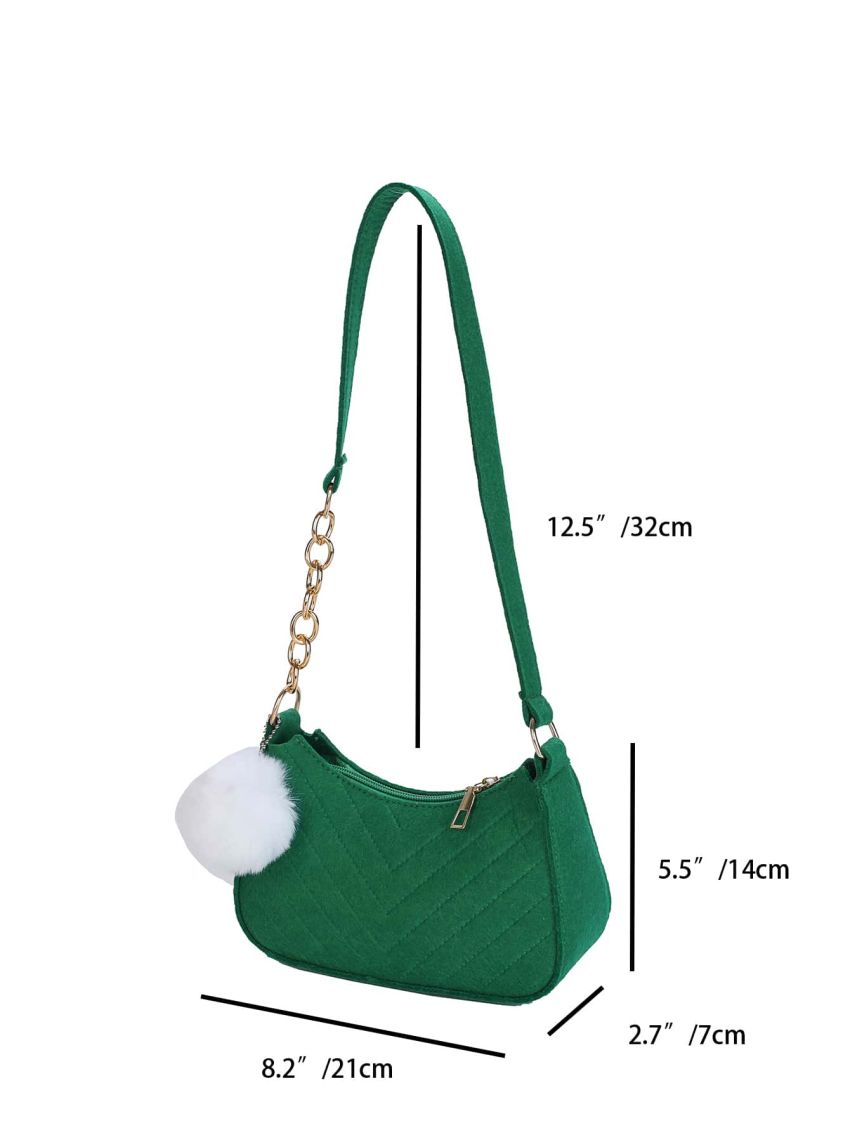 Chevron Detail Chain Decor Hobo Bag With Pompom Bag Charm