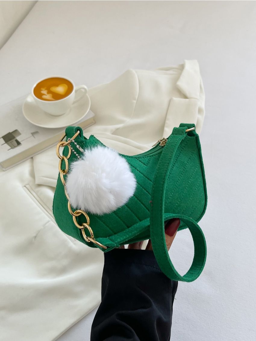 Chevron Detail Chain Decor Hobo Bag With Pompom Bag Charm