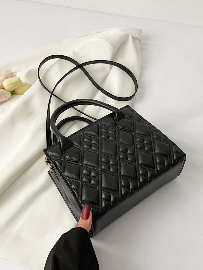 Quilted Detail Double Handle Square Bag