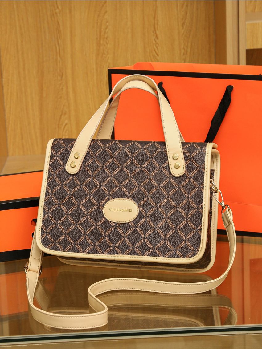 Geometric Pattern Letter Patch Decor Flap Square Bag