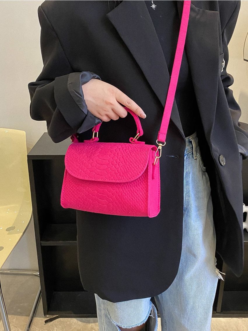 Mini Neon Pink Snakeskin Embossed Flap Square Bag