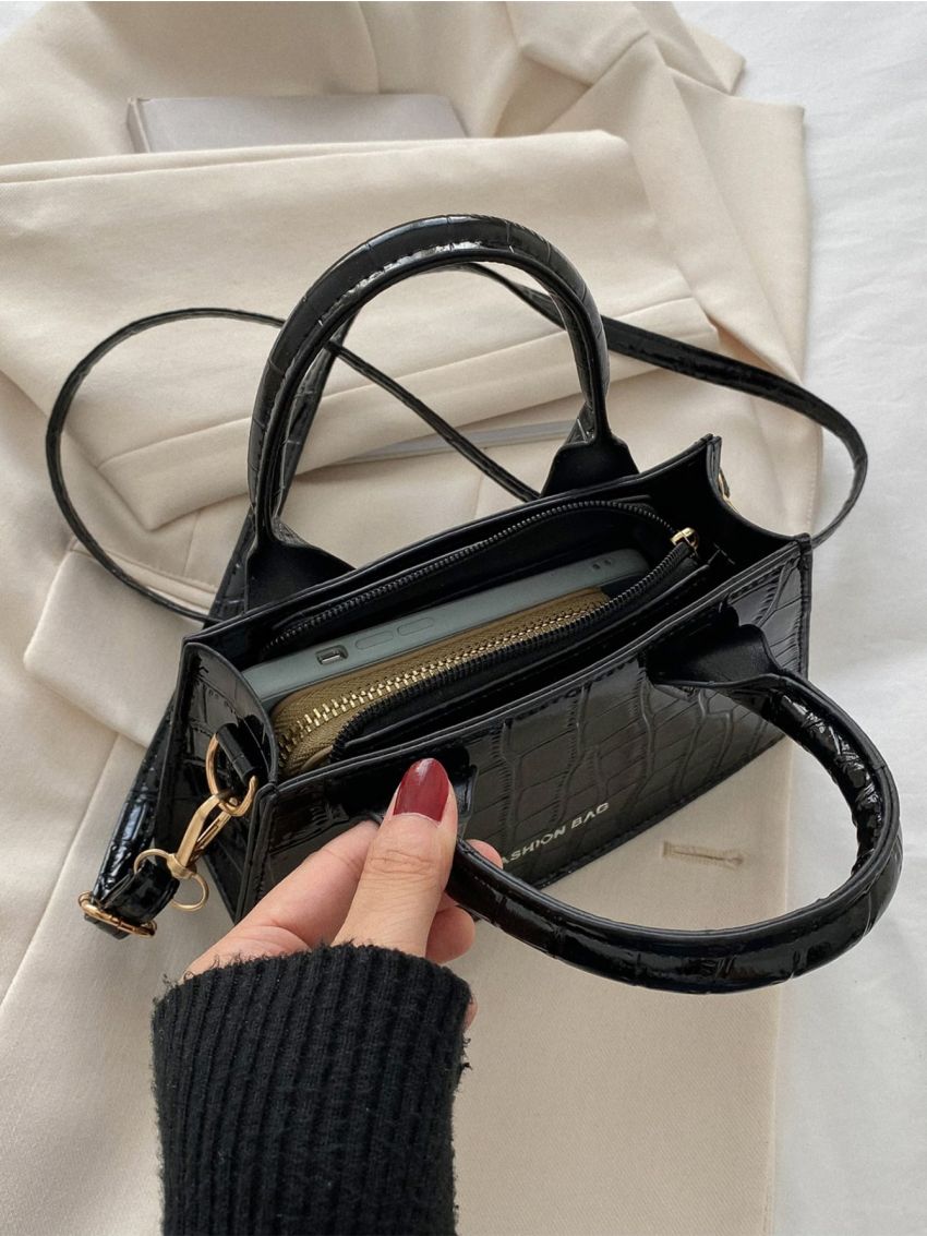 Crocodile Embossed Letter Detail Square Bag