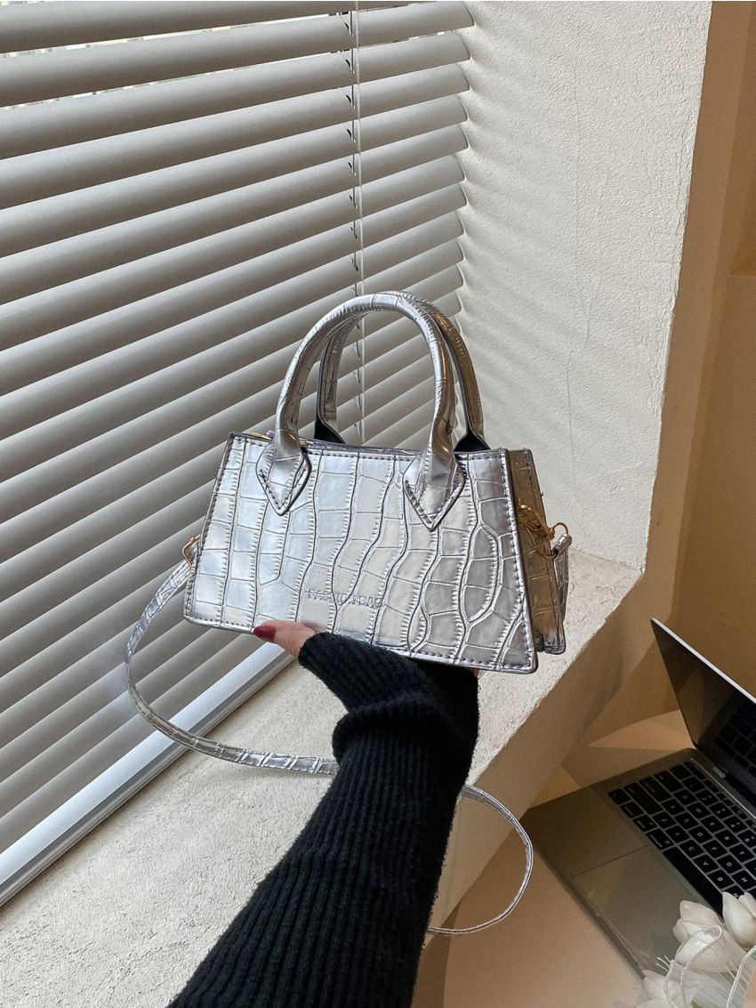 Metallic Crocodile Embossed Letter Detail Square Bag