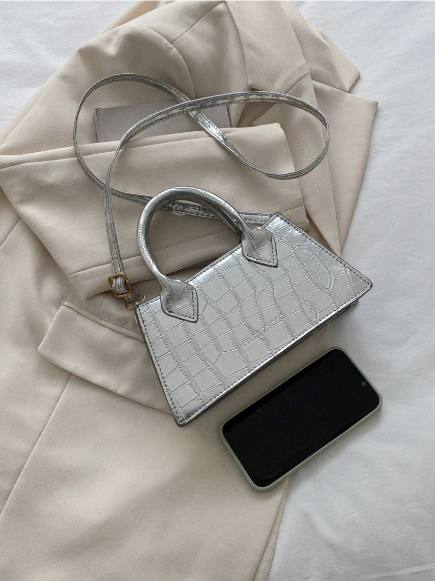 Metallic Crocodile Embossed Letter Detail Square Bag