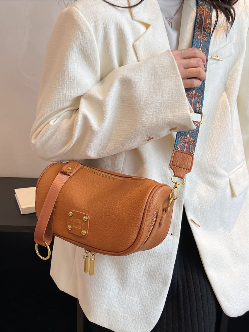 Litchi Embossed Patch Detail Hobo Bag