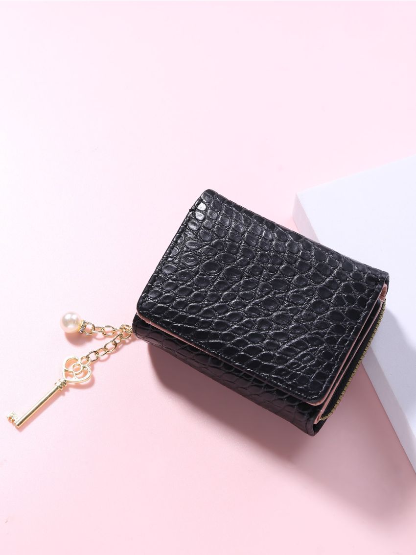 Crocodile Embossed Faux Pearl & Key Charm Small Wallet