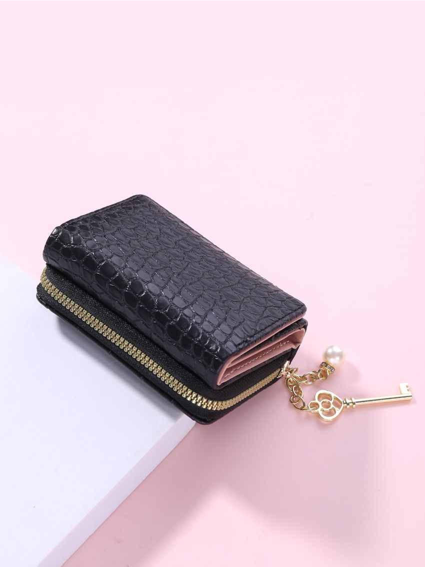 Crocodile Embossed Faux Pearl & Key Charm Small Wallet