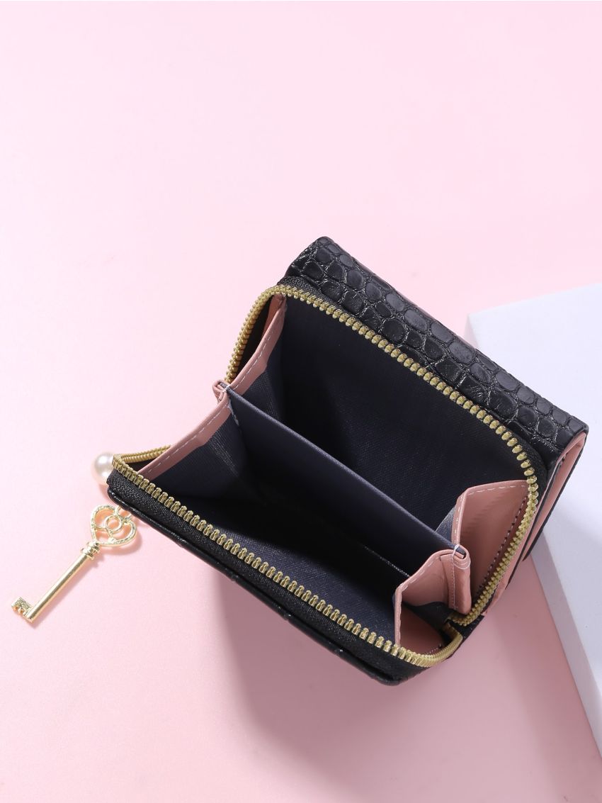 Crocodile Embossed Faux Pearl & Key Charm Small Wallet