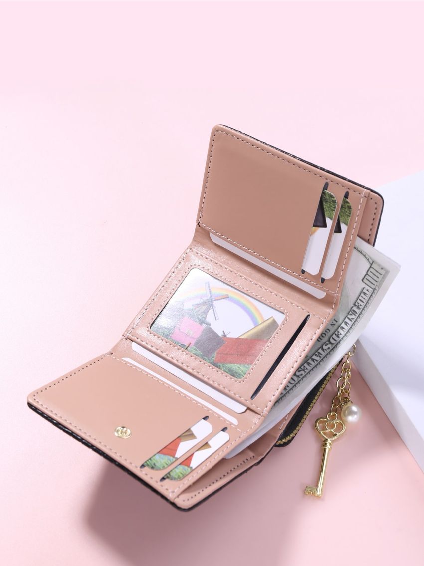 Crocodile Embossed Faux Pearl & Key Charm Small Wallet