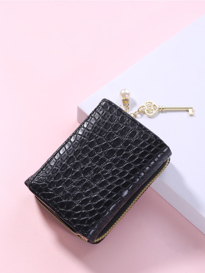 Crocodile Embossed Faux Pearl & Key Charm Small Wallet