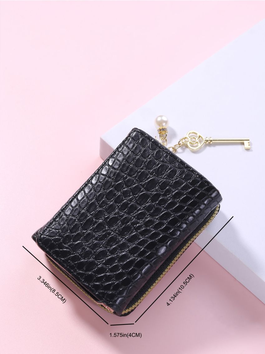 Crocodile Embossed Faux Pearl & Key Charm Small Wallet