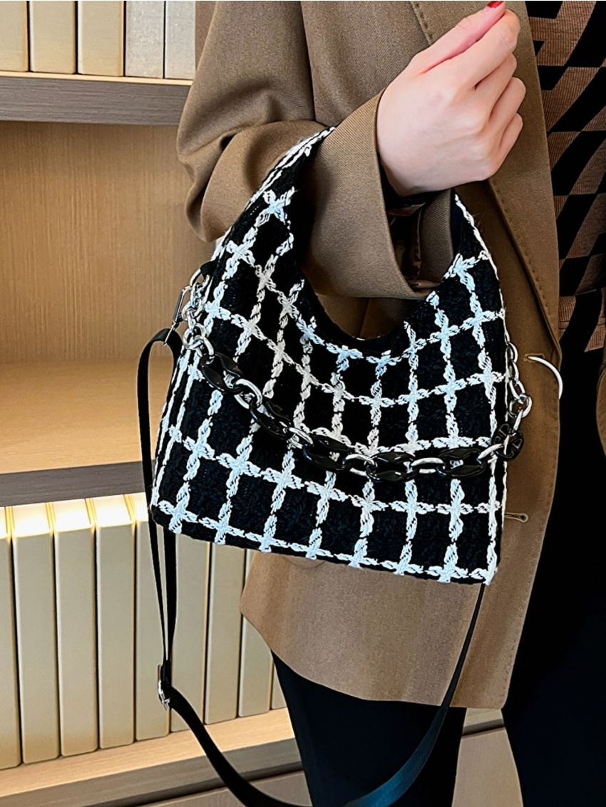 Plaid Pattern Chain Decor Hobo Bag