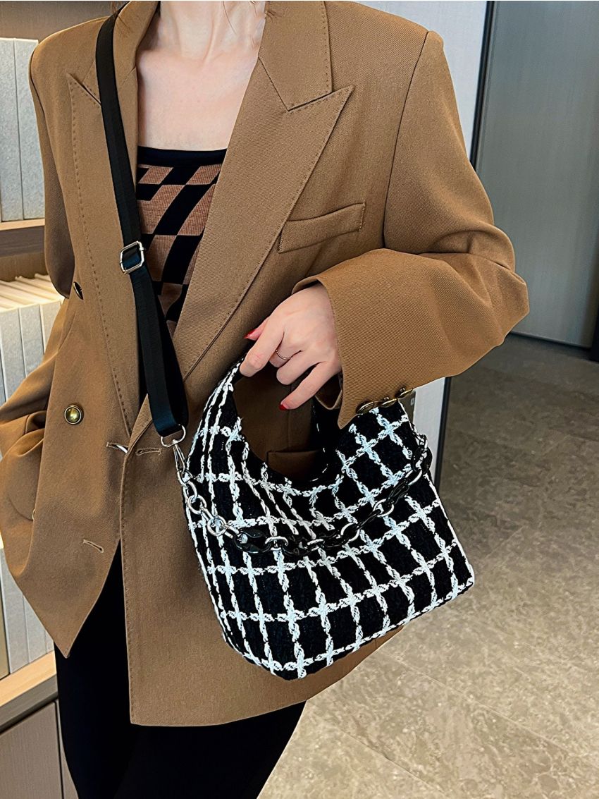 Plaid Pattern Chain Decor Hobo Bag