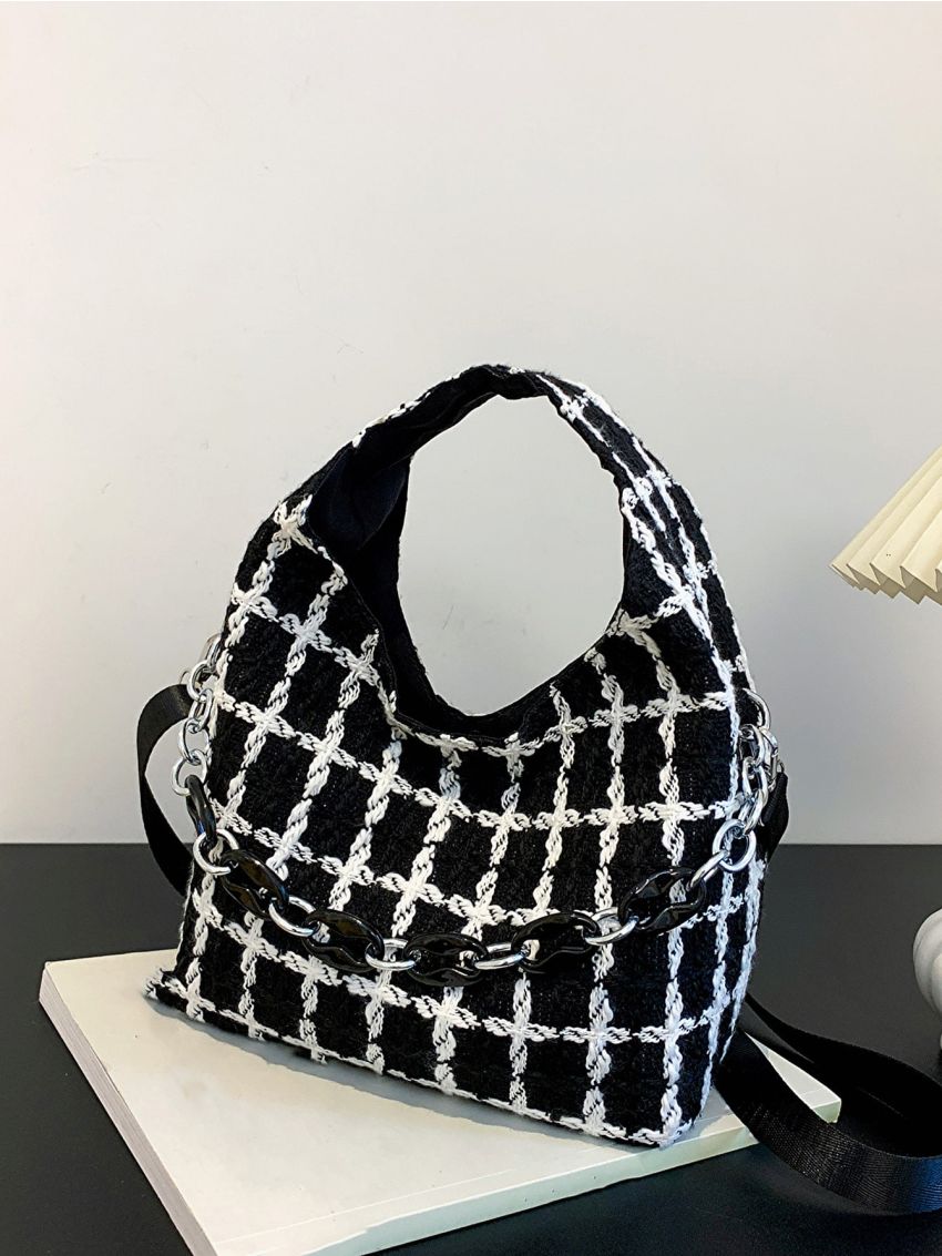 Plaid Pattern Chain Decor Hobo Bag