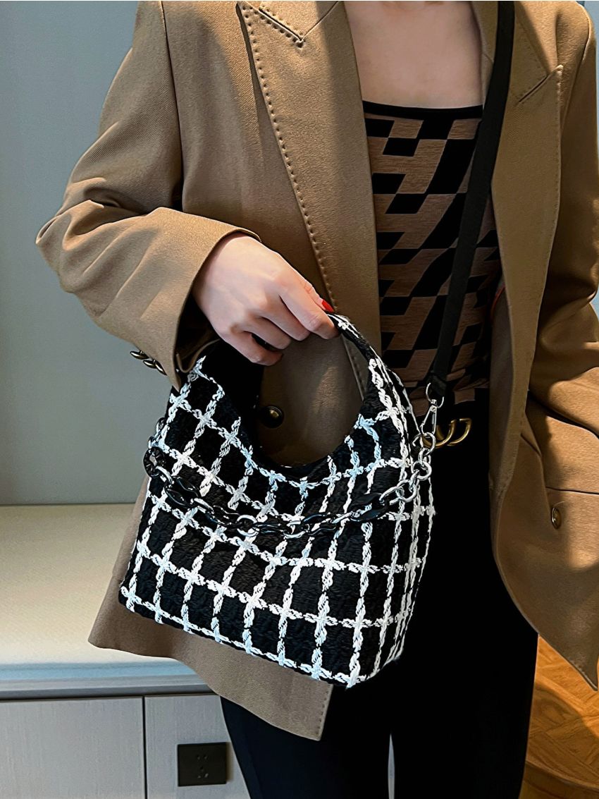 Plaid Pattern Chain Decor Hobo Bag