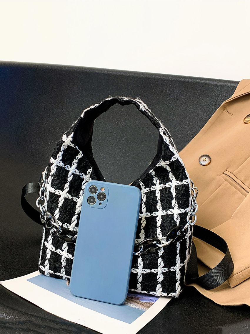 Plaid Pattern Chain Decor Hobo Bag