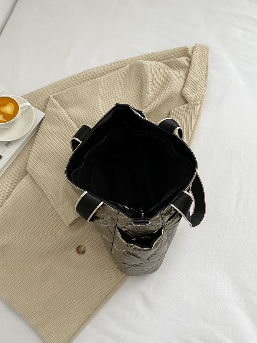 Metallic Quilted Shoulder Tote Bag