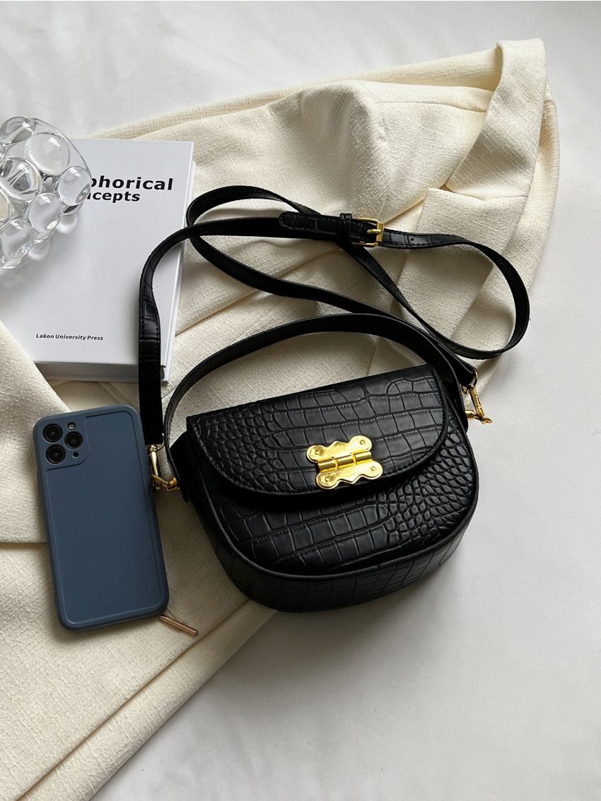 Mini Crocodile Embossed Flap Saddle Bag