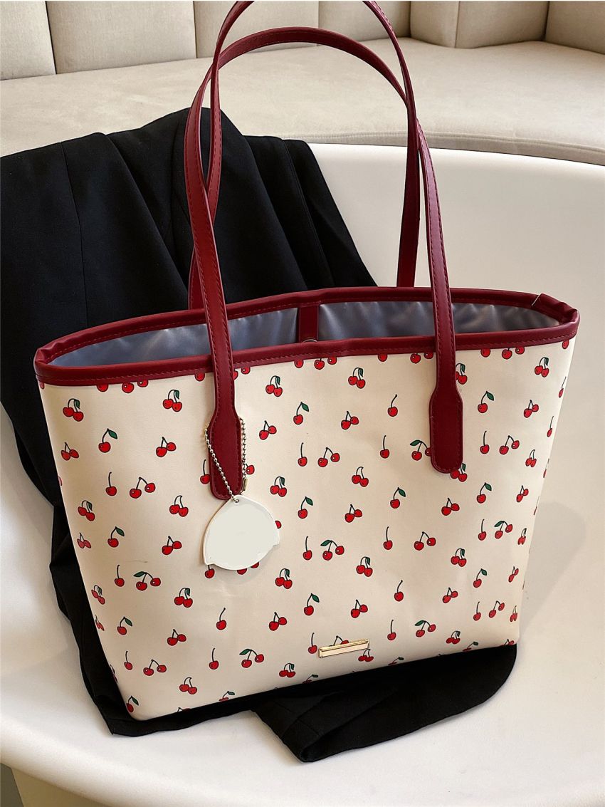 Cherry Pattern Shoulder Tote Bag With Bag Charm