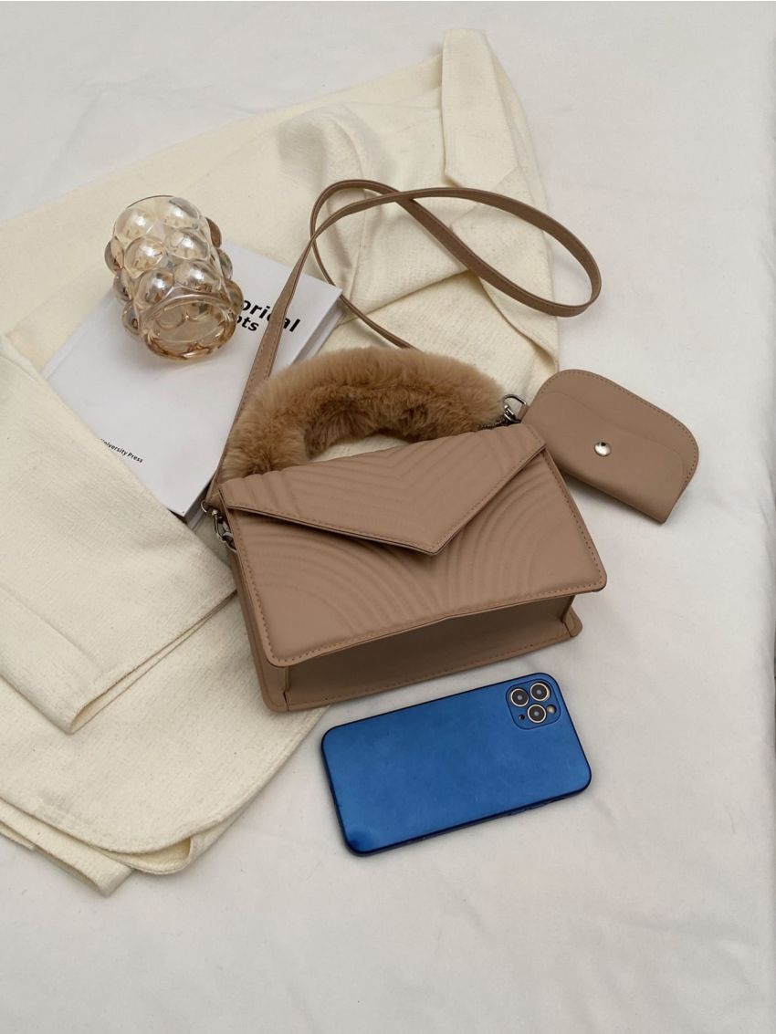 Quilted Detail Fuzzy Top Handle Flap Square Bag With Coin Purse