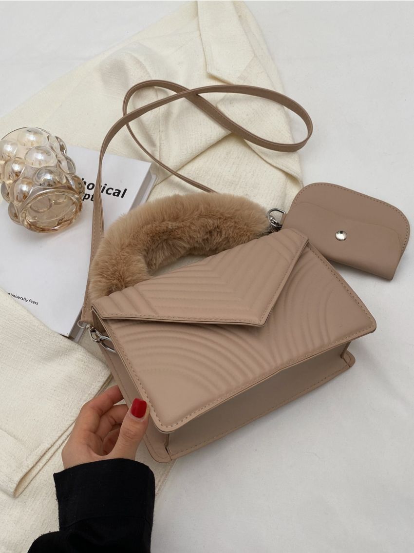 Quilted Detail Fuzzy Top Handle Flap Square Bag With Coin Purse