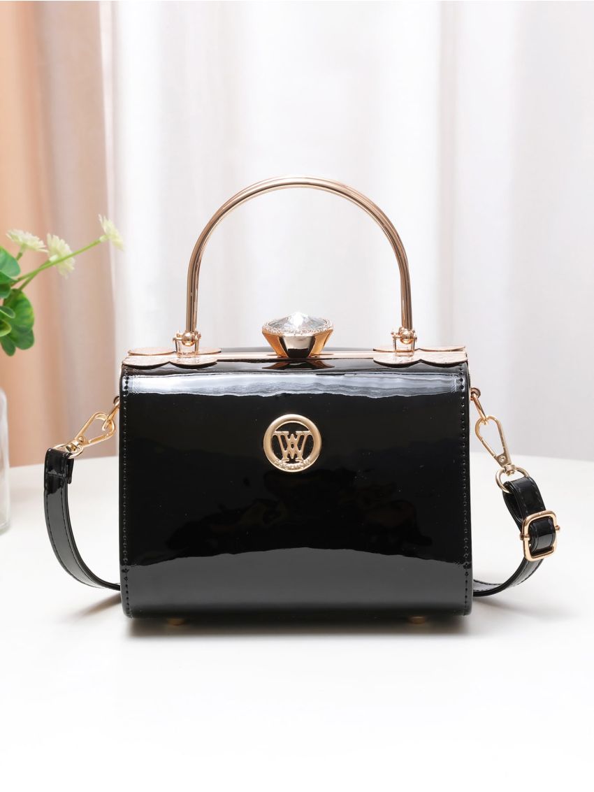 Mini Letter & Rhinestone Decor Box Bag, Elegant For Office & Work