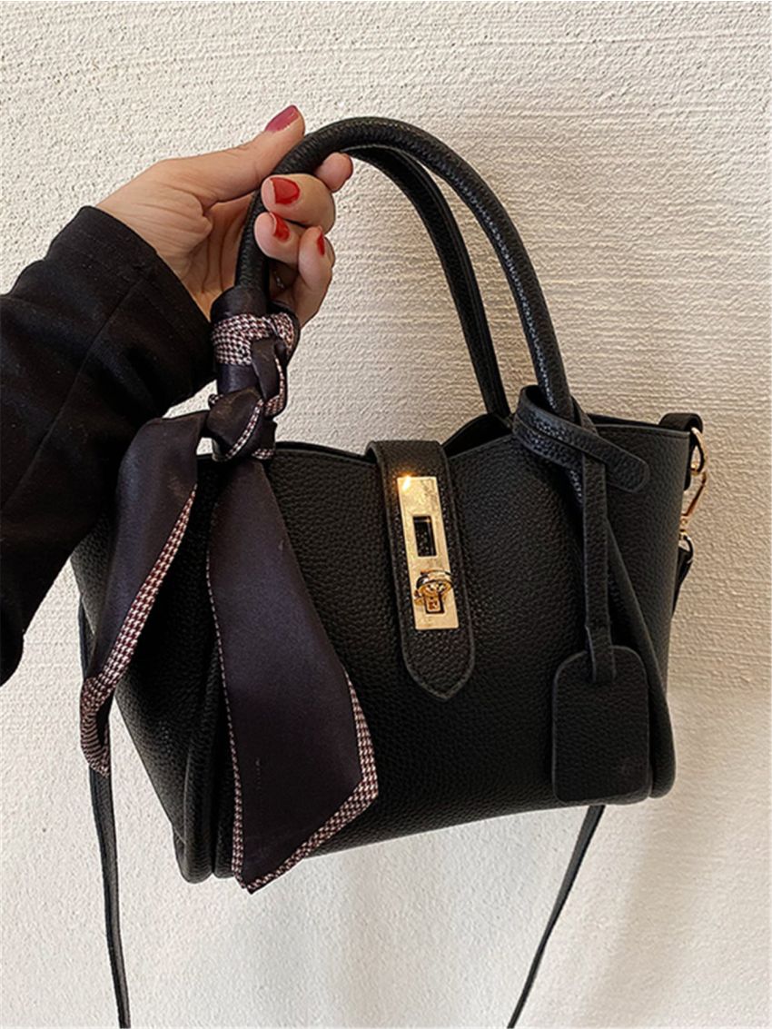 Litchi Embossed Twilly Scarf Decor Satchel Bag With Inner Pouch