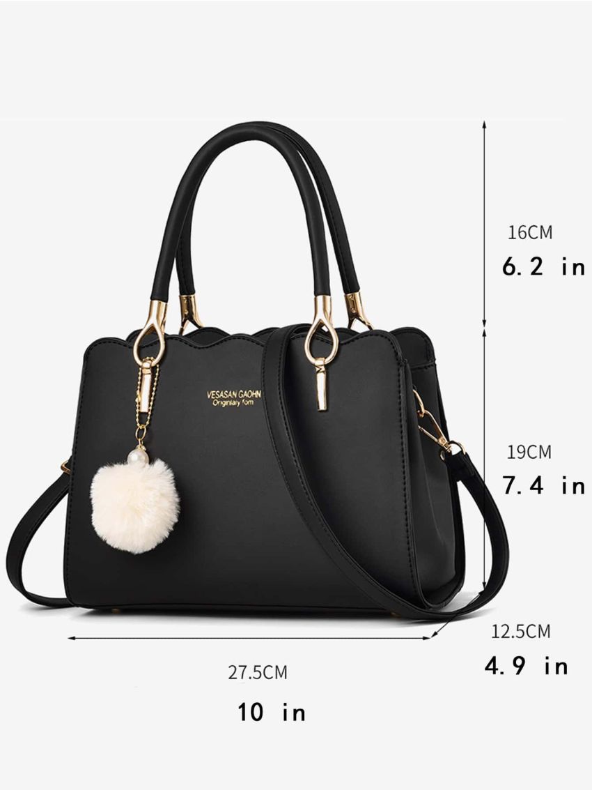 Scallop Trim Square Bag Pom Pom Decor PU, Mothers Day Gift For Mom