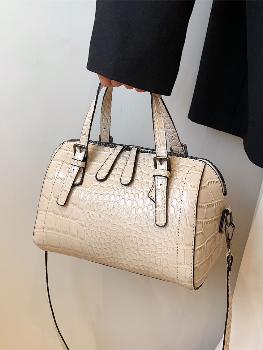 Crocodile Embossed Double Handle Boston Bag