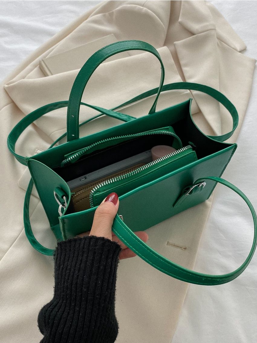 Buckle Decor Double Handle Square Bag