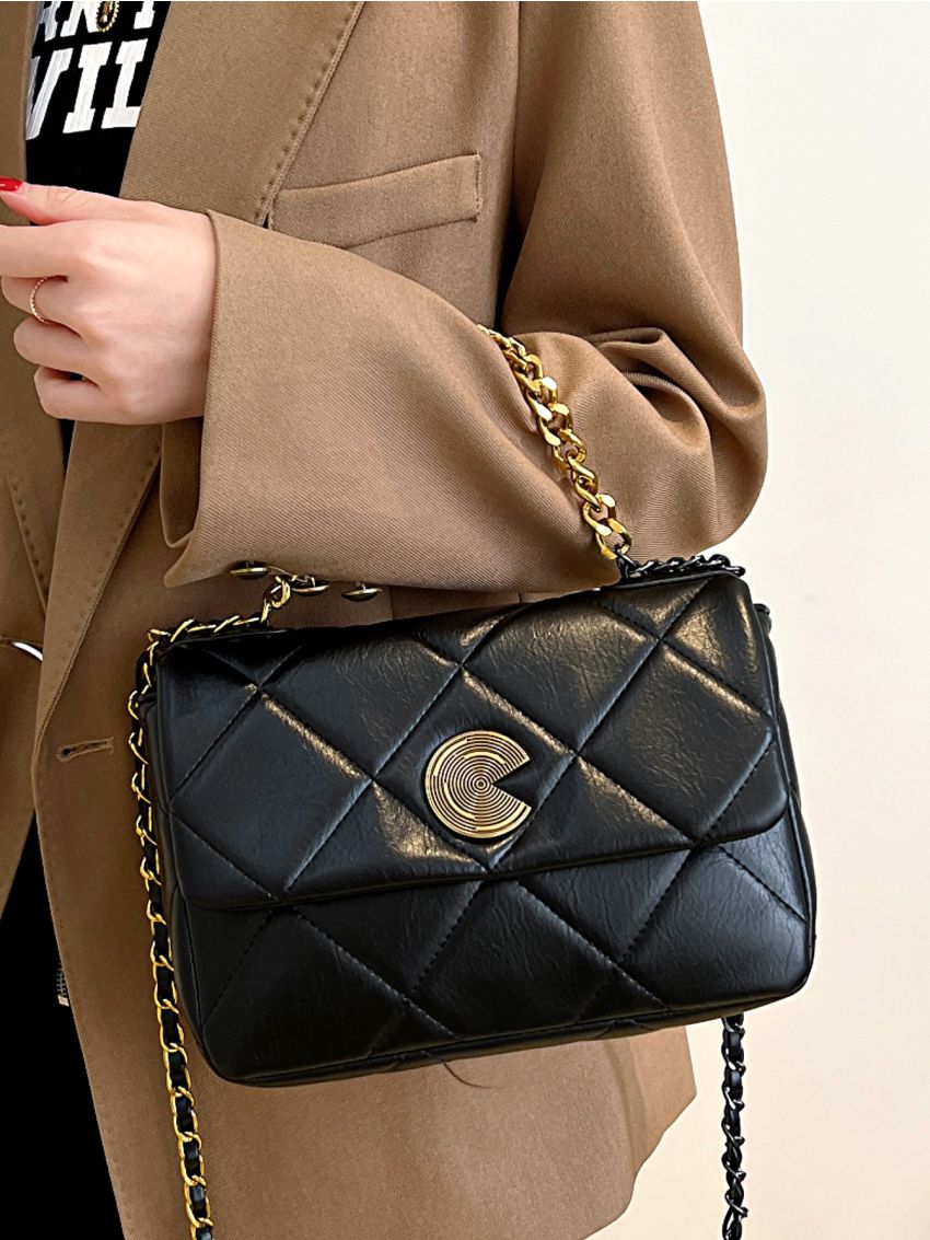 Quilted Chain Flap Square Bag