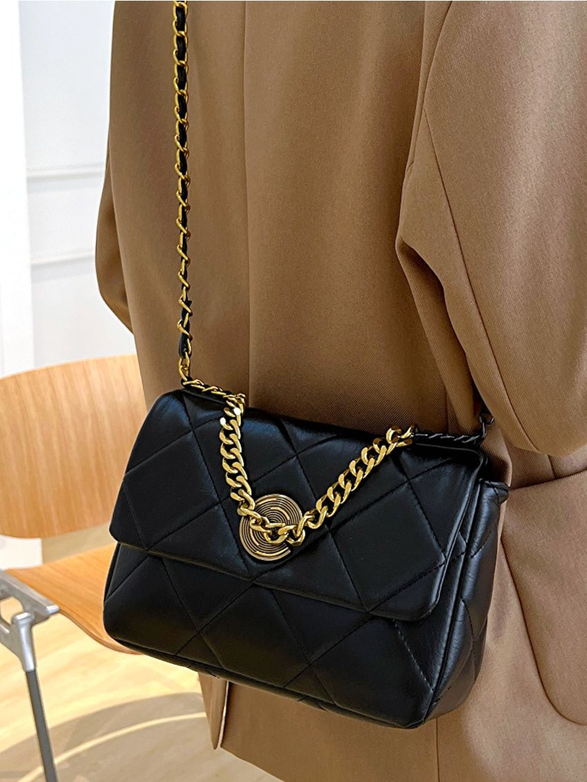 Quilted Chain Flap Square Bag