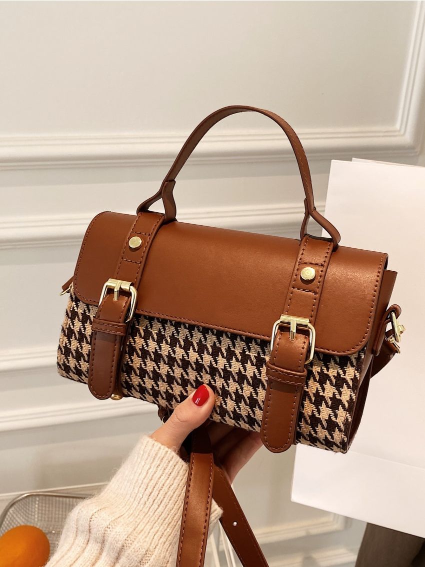 Houndstooth Pattern Buckle Decor Flap Square Bag