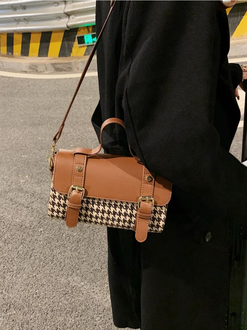 Houndstooth Pattern Buckle Decor Flap Square Bag