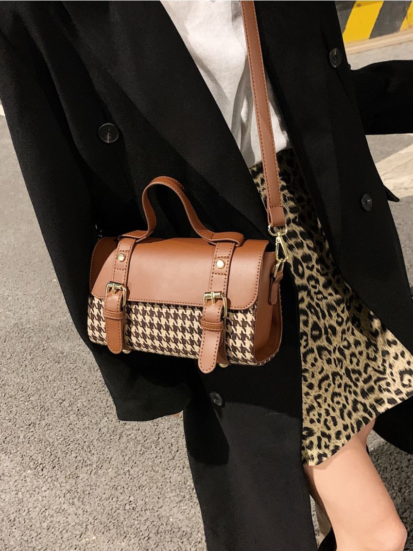 Houndstooth Pattern Buckle Decor Flap Square Bag