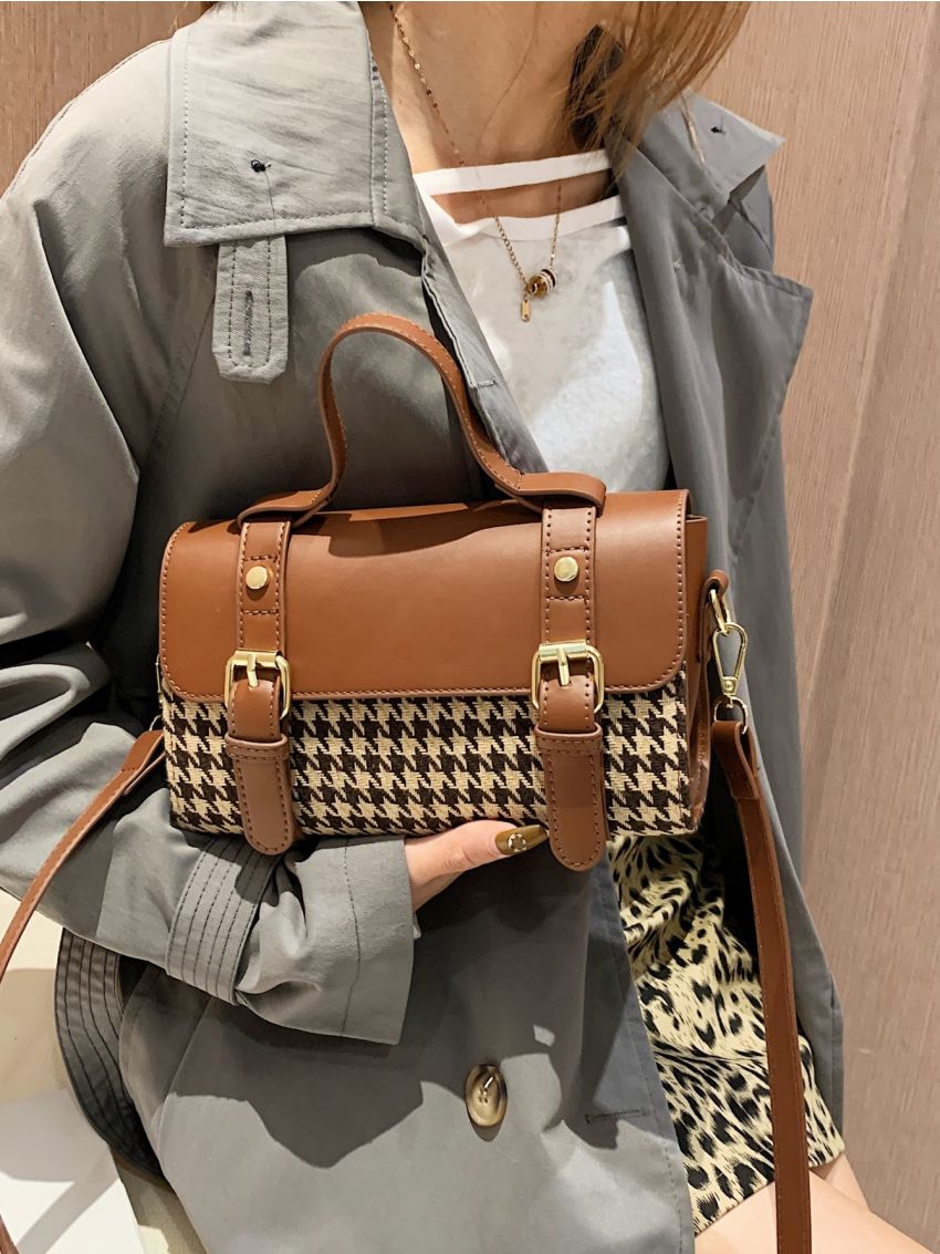 Houndstooth Pattern Buckle Decor Flap Square Bag