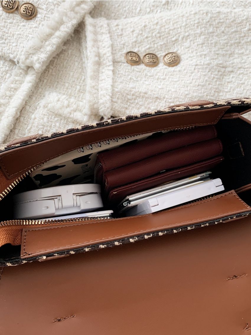 Houndstooth Pattern Buckle Decor Flap Square Bag