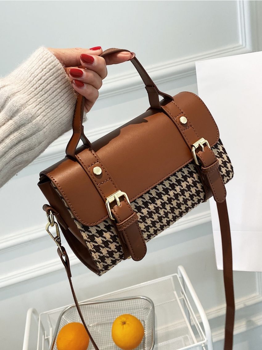 Houndstooth Pattern Buckle Decor Flap Square Bag