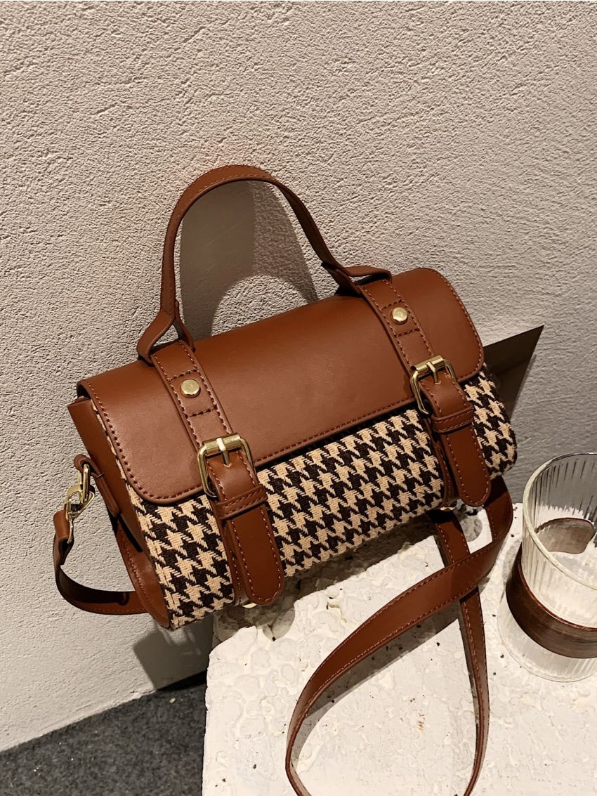 Houndstooth Pattern Buckle Decor Flap Square Bag