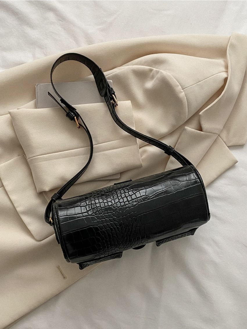 Crocodile Embossed Buckle Decor Bucket Bag