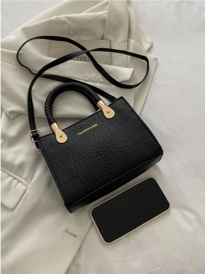 Mini Crocodile Embossed Letter Graphic Weave Detail Square Bag