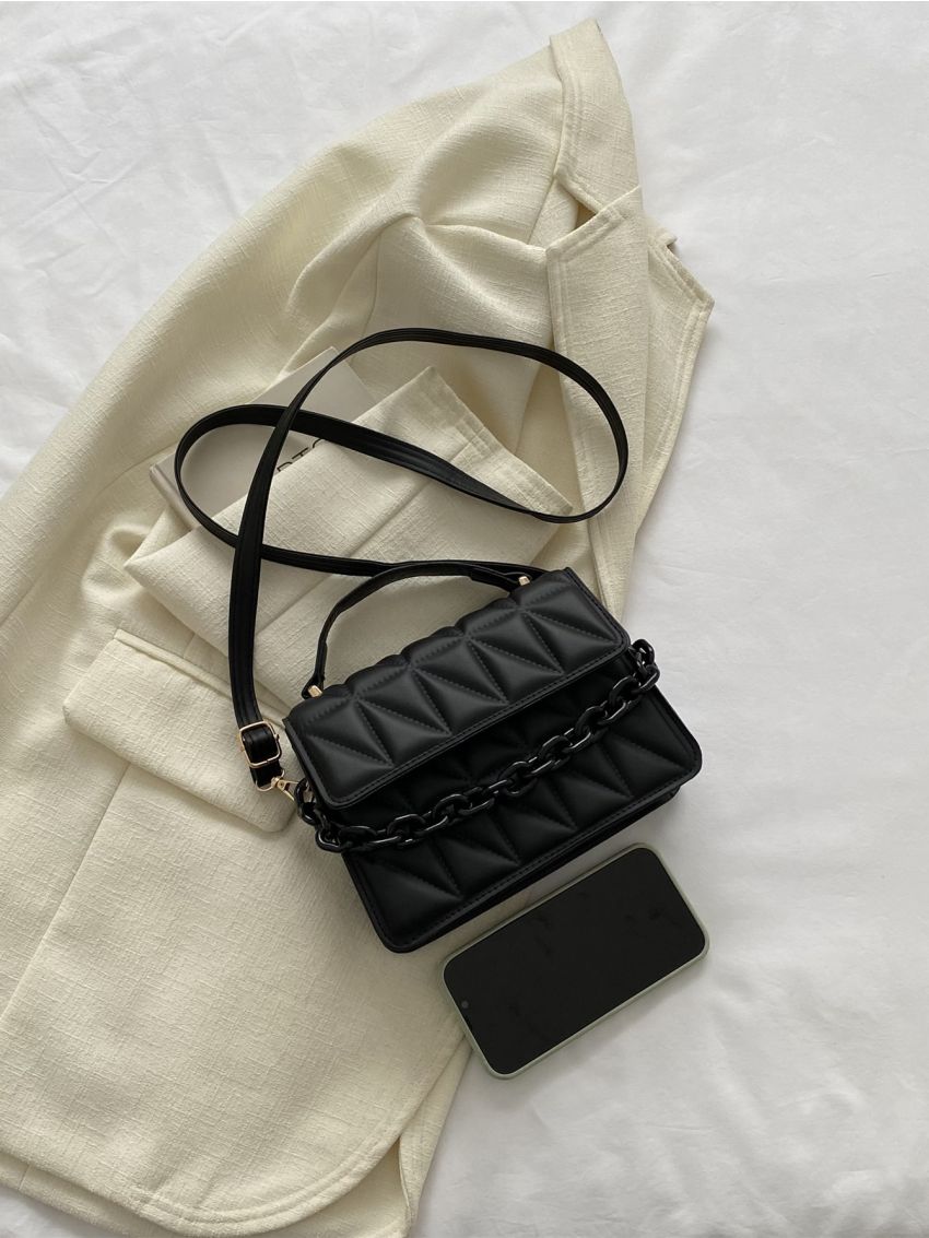 Mini Flap Square Bag Quilted Pattern Chain Decor Metallic Funky