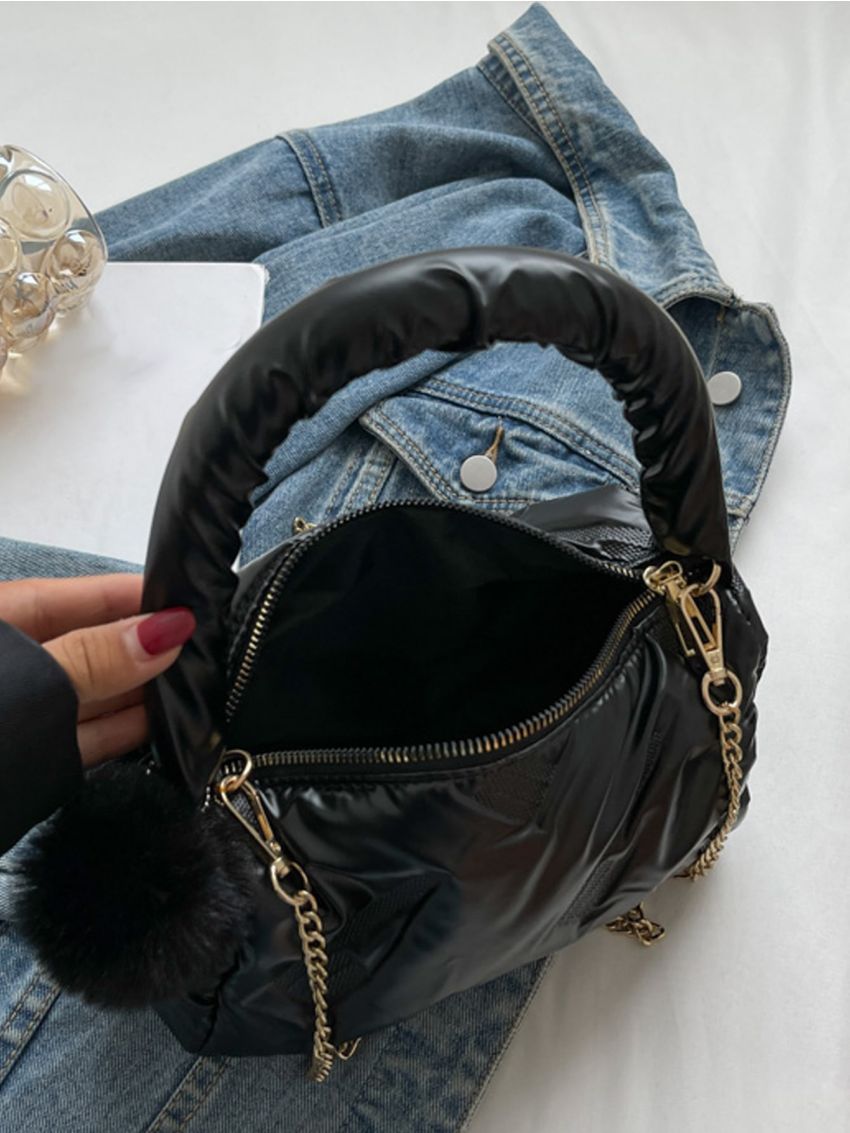 Quilted Detail Chain Hobo Bag With Pompom Charm
