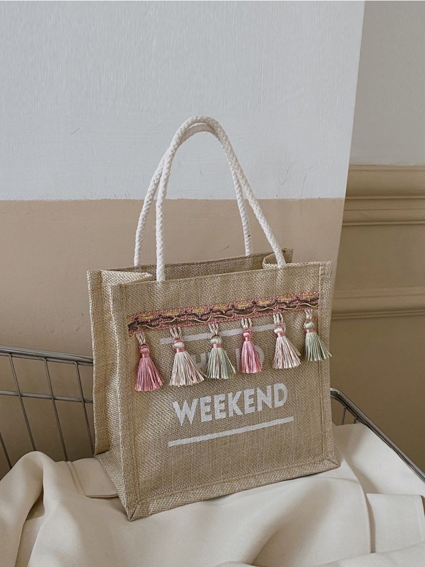 Slogan Graphic Tassel Decor Shopper Bag